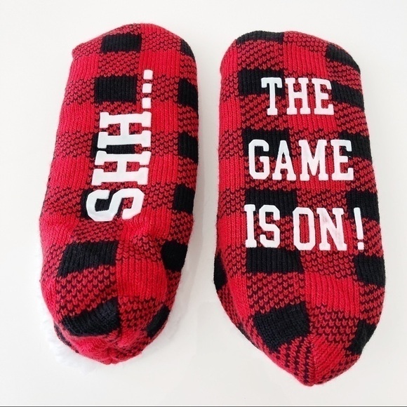 𝅺LUMBERJACK Red Plaid Sherpa Lined Novelty Unisex Slipper Socks Size 6/7 - Picture 5 of 9